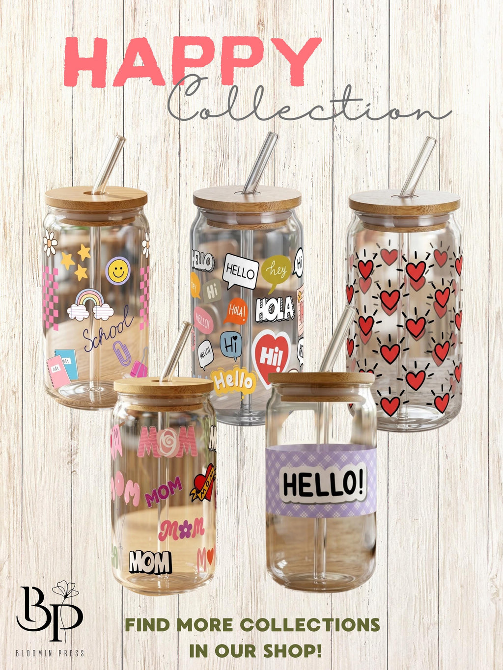 16 oz Glass Tumbler with Bamboo Lid and Straw - Trendy Cup - DTF wrap - Hello