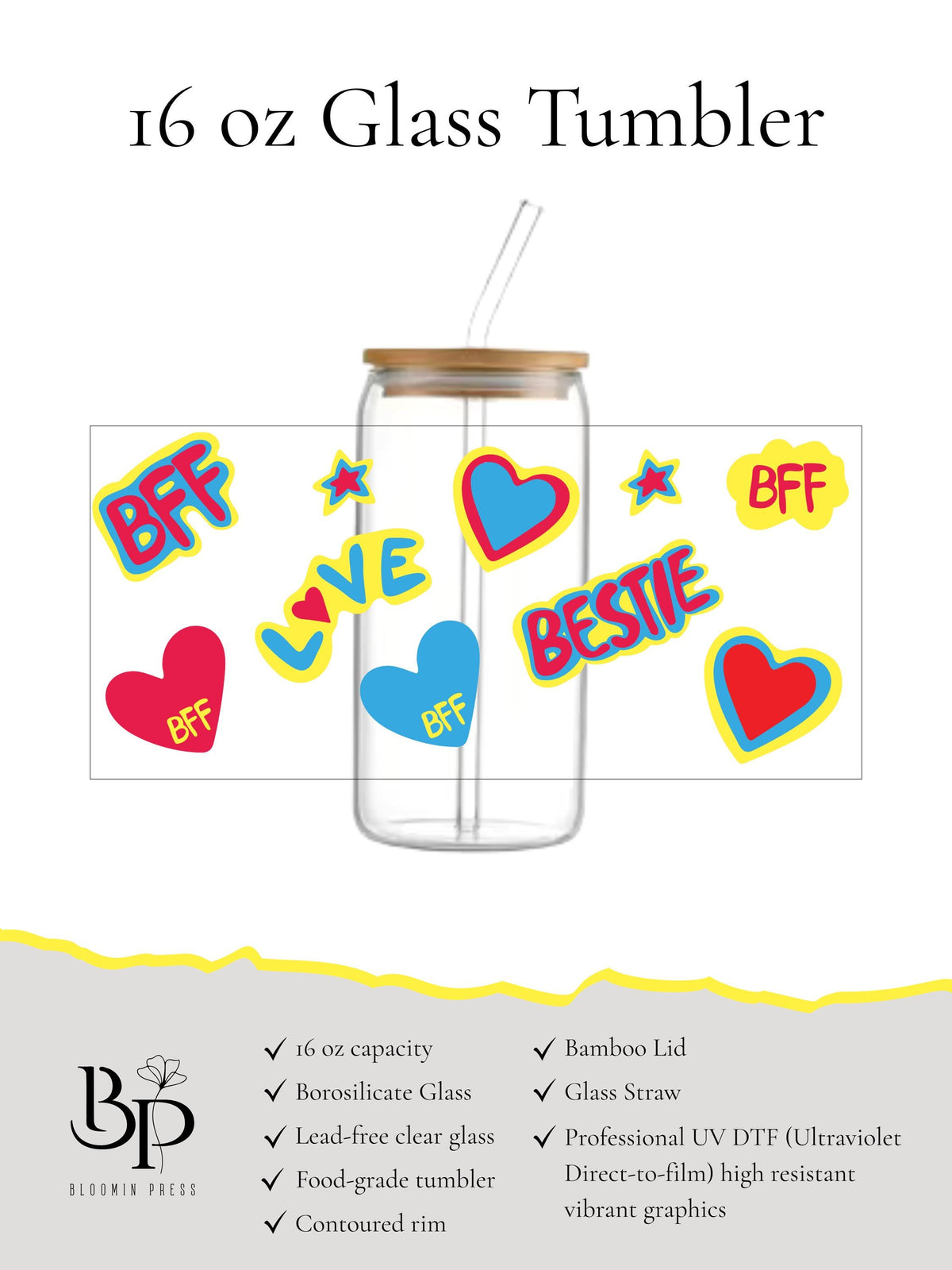 16 oz Glass Tumbler with Bamboo Lid and Straw - Trendy Cup - Girly gifts - BFF
