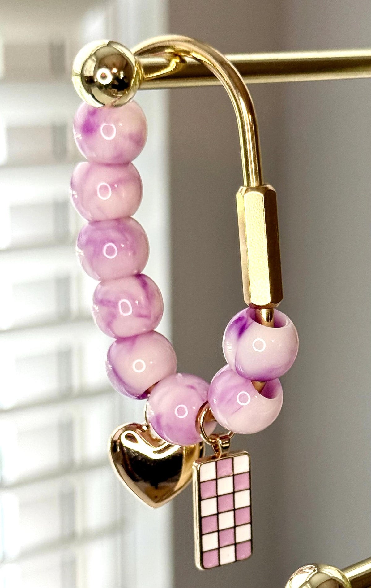 Golden Carabiner Bag Charm – Purple Marble Beads, Heart & Checkered Charms - Gift for friend