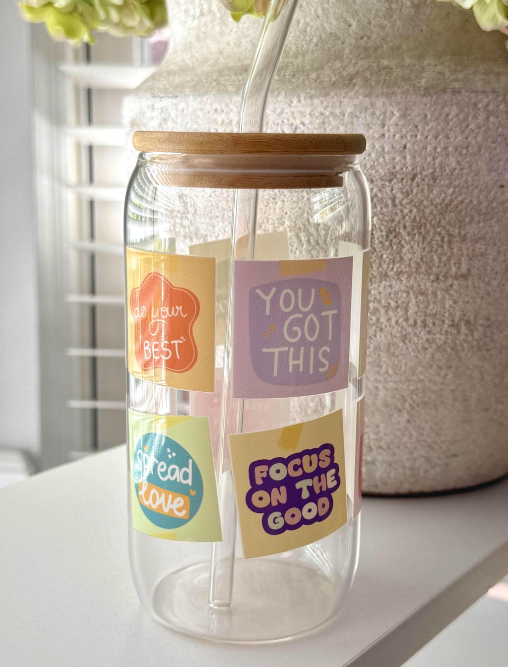 16 oz Glass Tumbler with Bamboo Lid with Straw - Graphic cup - Empowerment