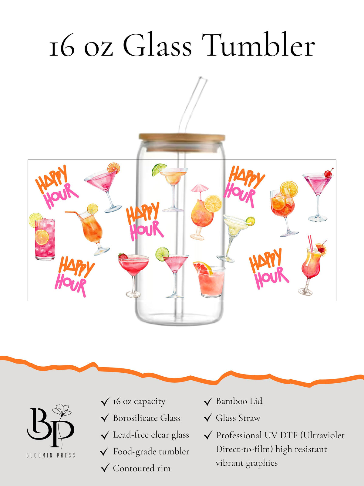 16 oz Glass Tumbler with Bamboo Lid and Straw - Happy Hour - Drinks - Bar Glassware