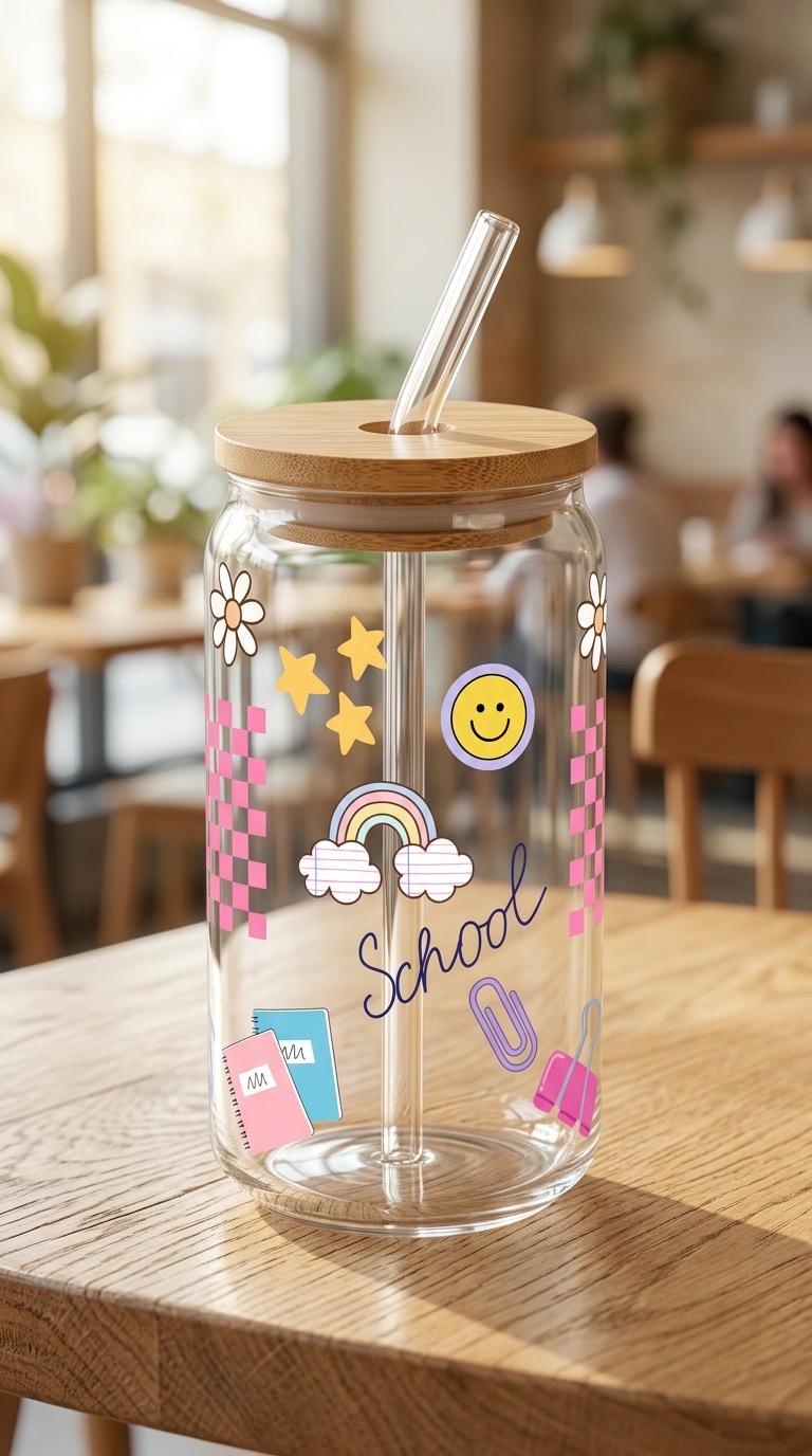 16 oz Glass Tumbler with Bamboo Lid, School Themed Design, Reusable Straw