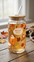 16 oz Glass Tumbler with Bamboo Lid and Straw - Cozy Fall - Gift for Friend