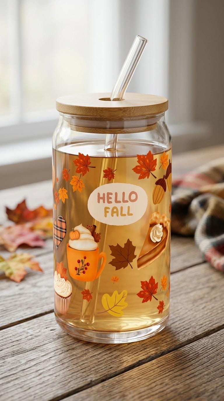 16 oz Glass Tumbler with Bamboo Lid and Straw - Cozy Fall - Gift for Friend