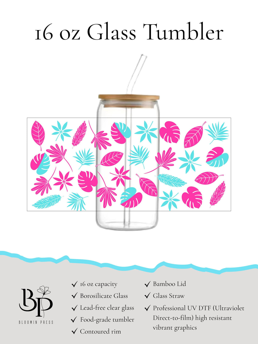 16 oz Tropical Glass Tumbler – Bamboo Lid, Reusable Straw, Coastal Chic Drinkware