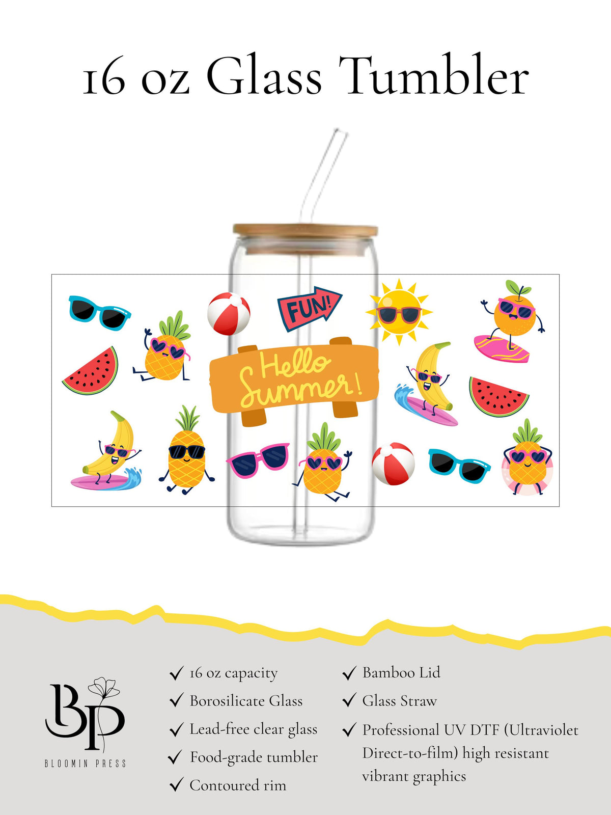 16 oz Glass Tumbler with Bamboo Lid – Summer Vacation Drinkware