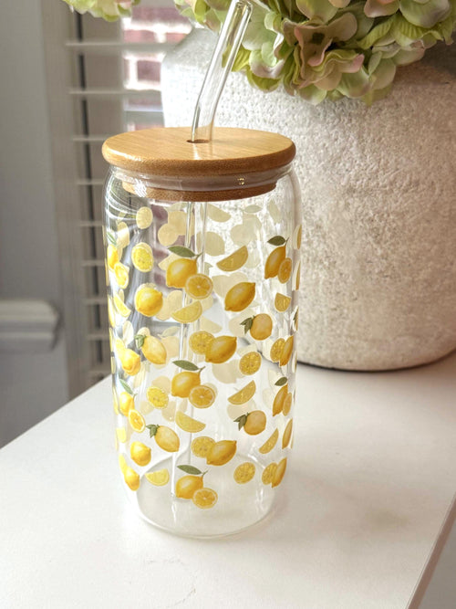 16 oz Glass Tumbler with Bamboo Lid and Straw - Lemon - Fruit - Italian Summer