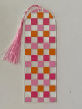 Acrylic Bookmark with UV DTF Design, Tassel & Beads - Pink and Orange Checkered Design