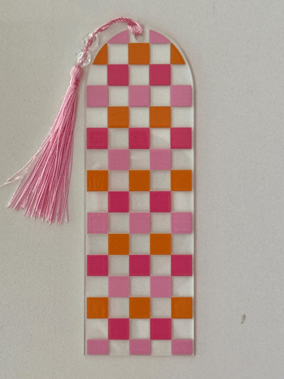 Acrylic Bookmark with UV DTF Design, Tassel & Beads - Pink and Orange Checkered Design