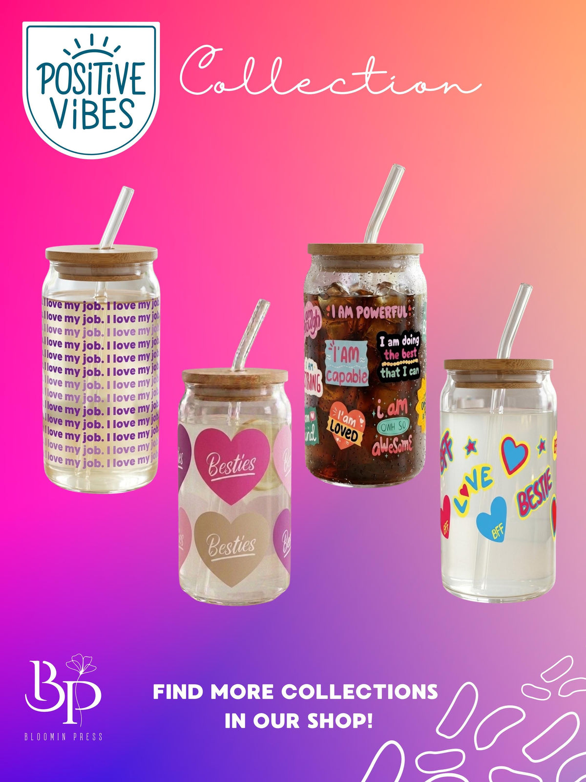 16 oz Glass Tumbler with Bamboo Lid and Straw - Self Care Gift - Empowerment