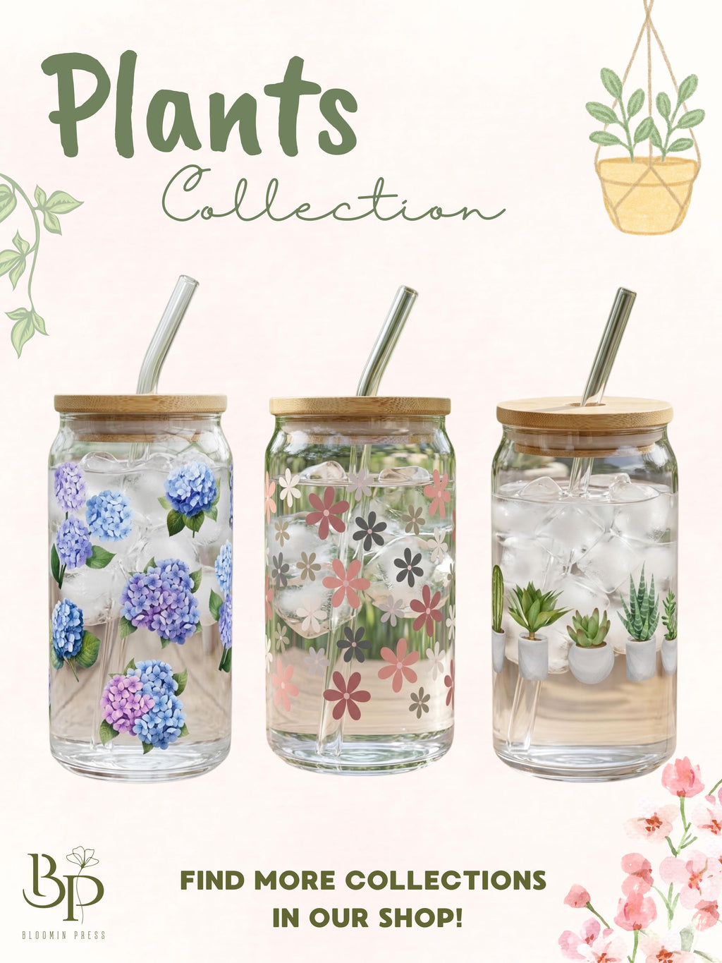 16 oz Glass Tumbler with Bamboo Lid – Succulent Plant Lover Gift