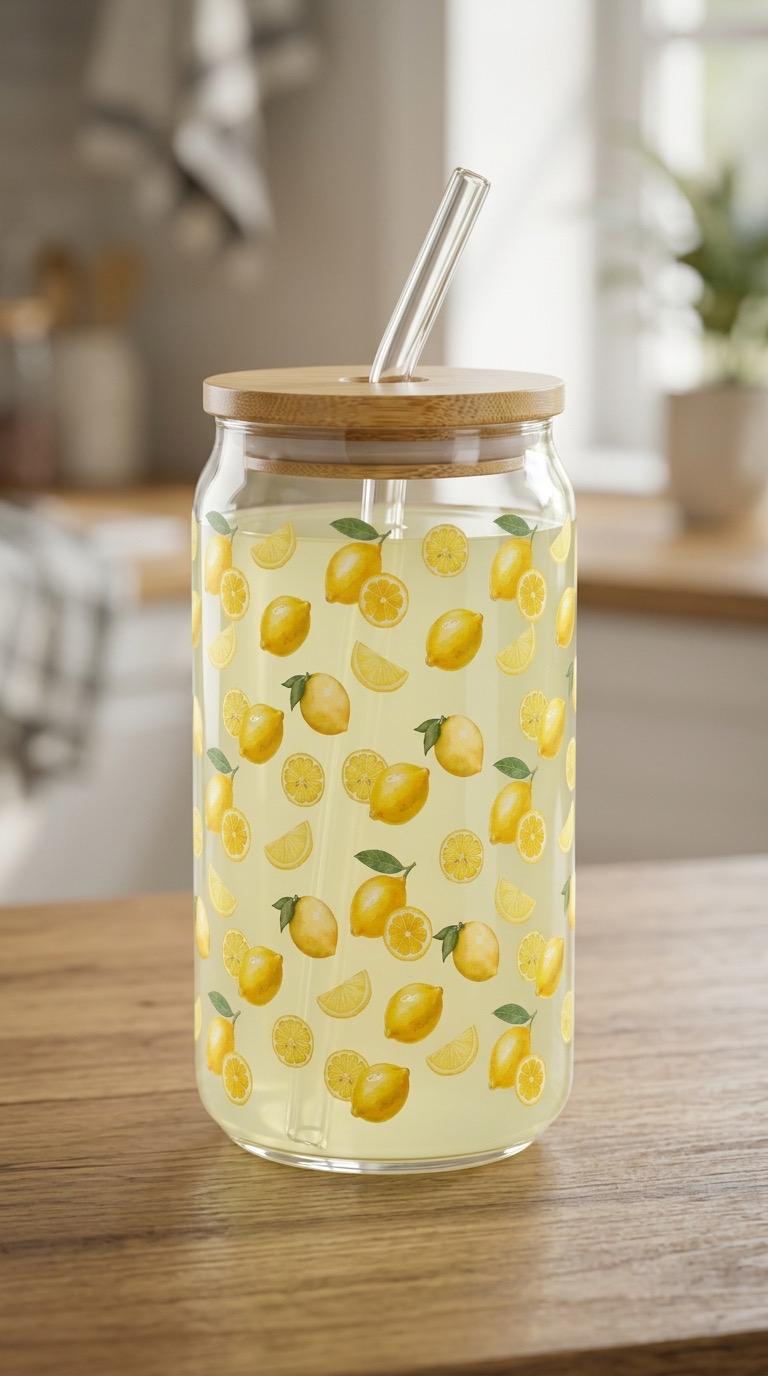 16 oz Glass Tumbler with Bamboo Lid and Straw - Lemon - Fruit - Italian Summer