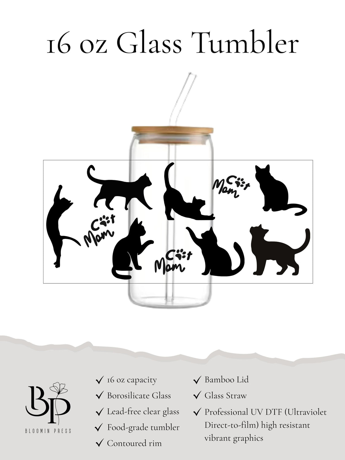 Cat Mom 16 oz Glass Tumbler – Minimalist Cat Silhouette Iced Coffee Cup