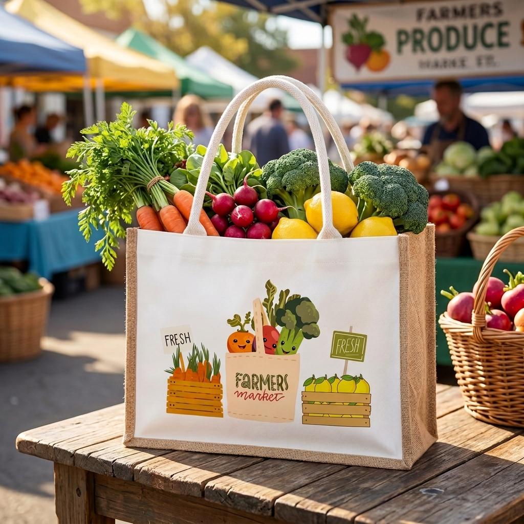 Farmers Market Burlap Tote Bag, Water-resistant Lined Shopping Bag