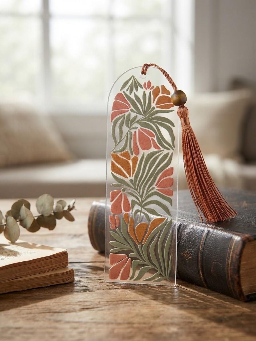 Earth tones Acrylic Bookmark with UV DTF Design, Tassel & Beads