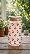 16 oz Glass Tumbler with Bamboo Lid and Straw - Cherry - Summer Fruit - Teacher Gift