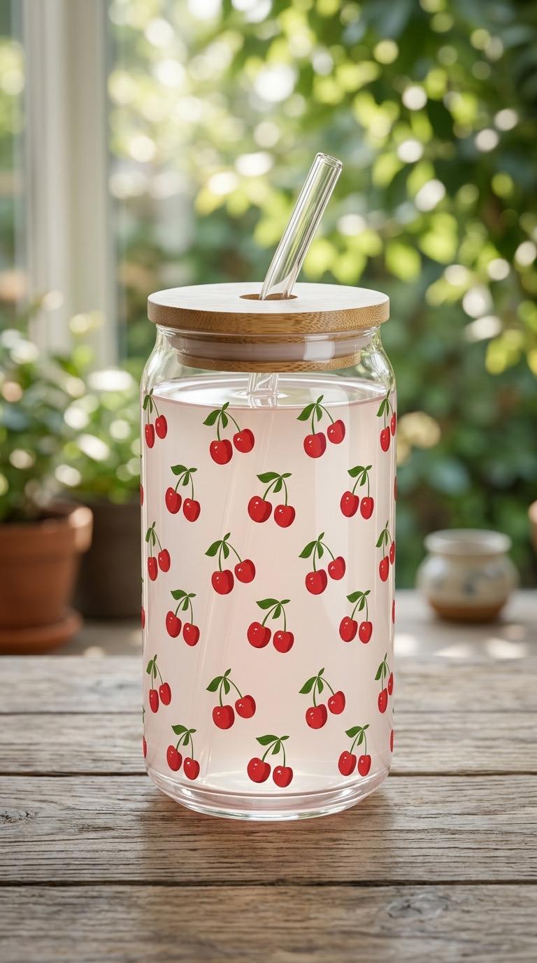 16 oz Glass Tumbler with Bamboo Lid and Straw - Cherry - Summer Fruit - Teacher Gift