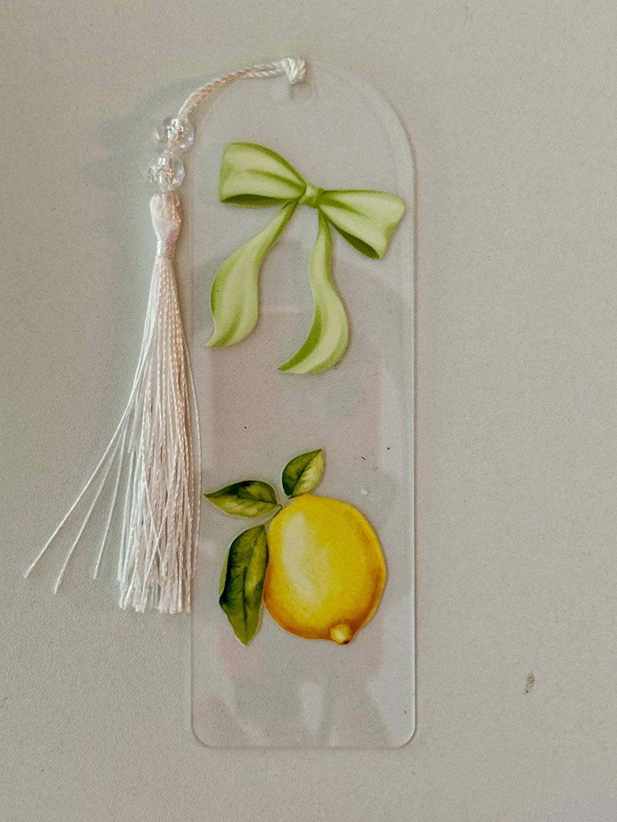 Coquette Acrylic Bookmark with UV DTF Design, Tassel & Beads - Lemon and green bow
