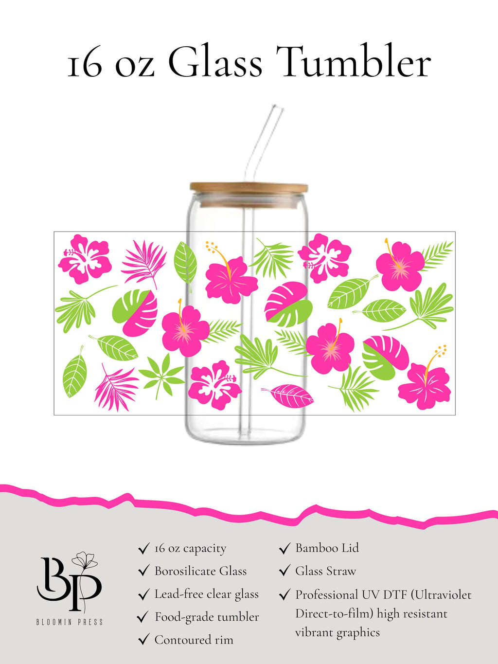 16 oz Tropical Glass Tumbler with Bamboo Lid and Straw – Coastal Chic Hibiscus Floral