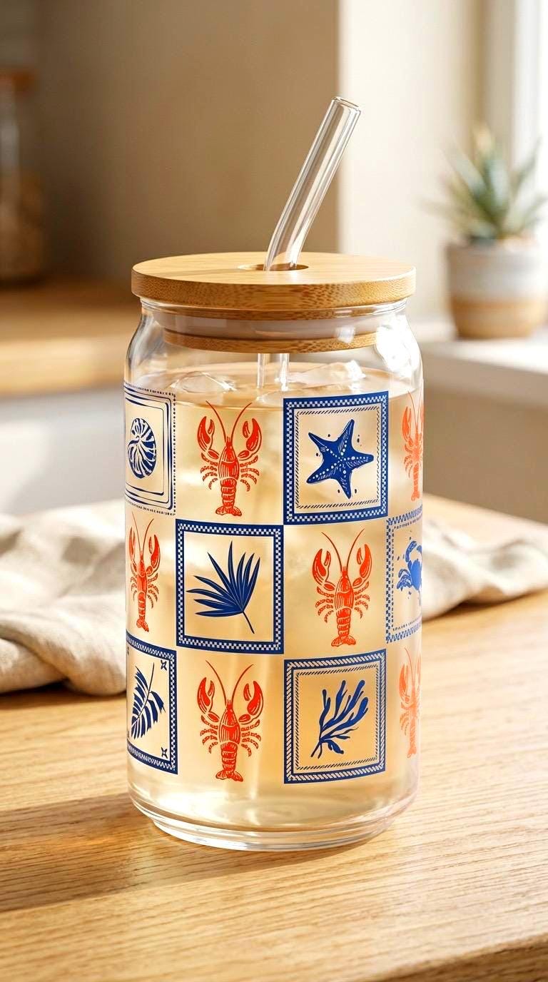 Coastal 16 oz Glass Tumbler with Bamboo Lid with Straw - Beach Vibes - Lobster Drinkware