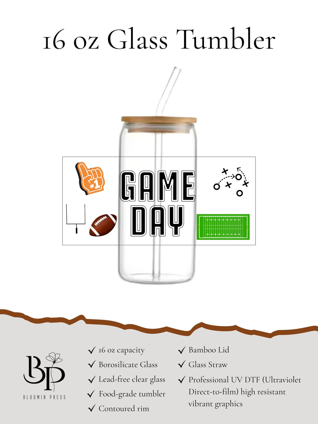 16 oz Football Glass Tumbler – Game Day Sports Drinkware with Bamboo Lid