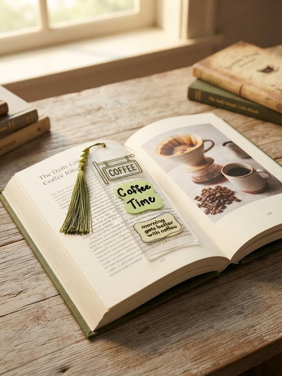 Coffee Time - Acrylic Bookmark with UV DTF Design, Tassel & Beads, Gift for Coffee Lovers