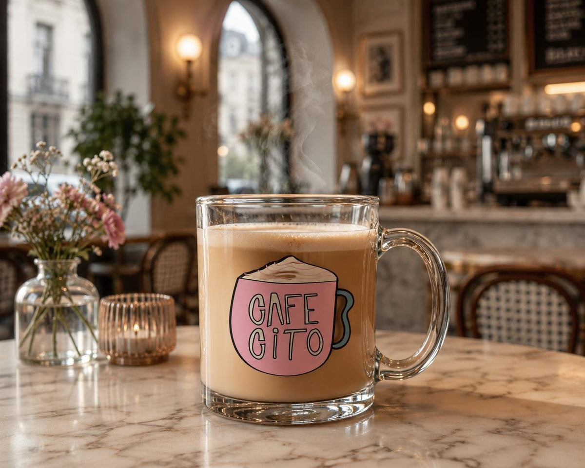 Cafecito 12 oz Clear Glass Mug - Coffee lover gift Spanish - Pink