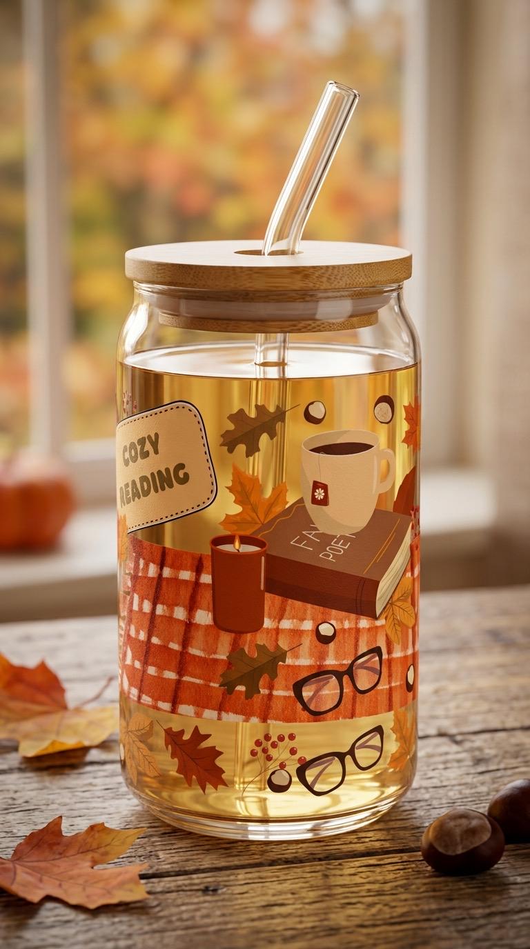 Autumn 16 oz Glass Tumbler with Bamboo Lid and Straw - Cozy Fall Reading