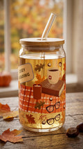 Autumn 16 oz Glass Tumbler with Bamboo Lid and Straw - Cozy Fall Reading