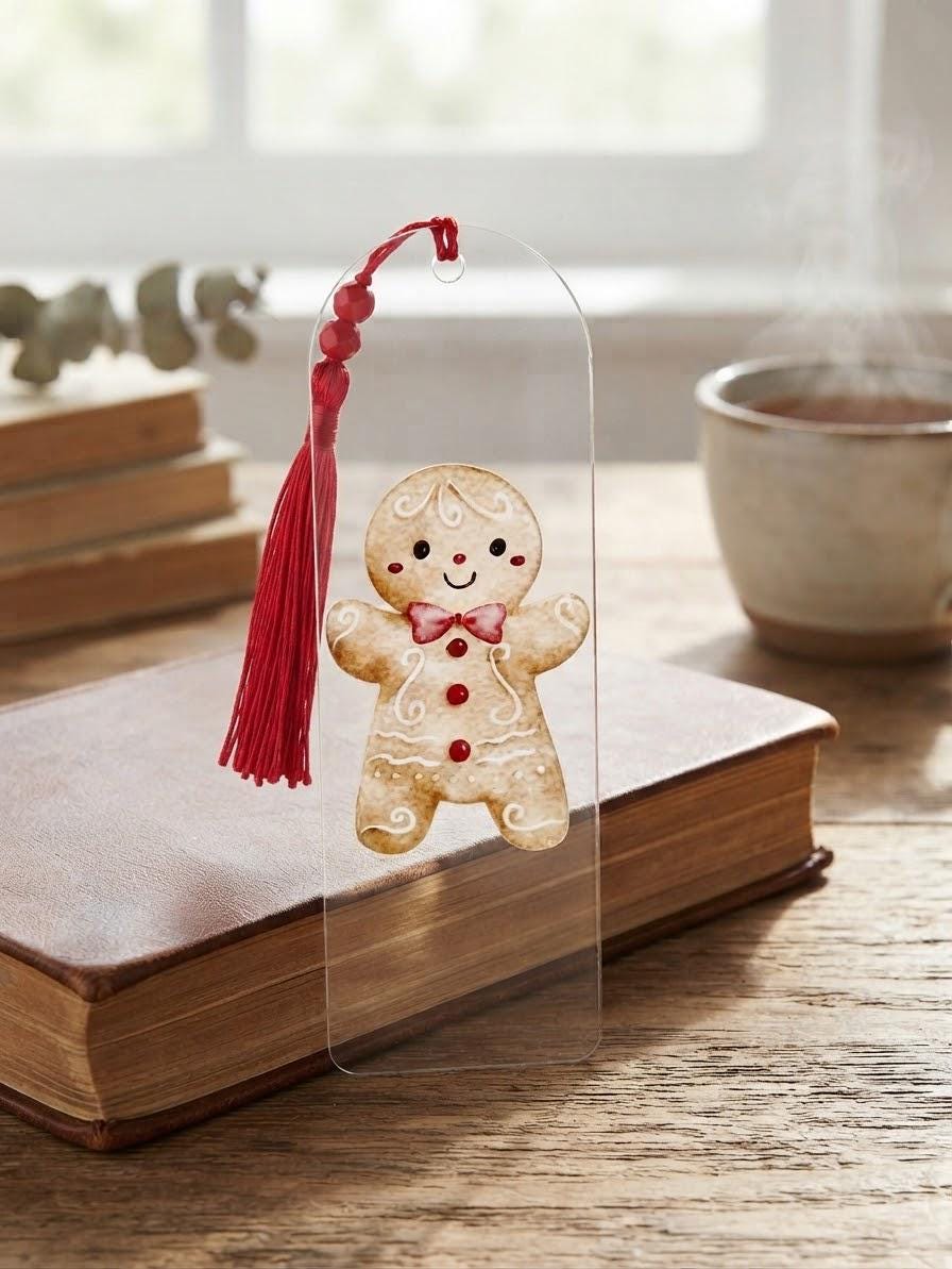 Holiday Gingerbread boy Acrylic Bookmark with UV DTF Design, Tassel & Beads