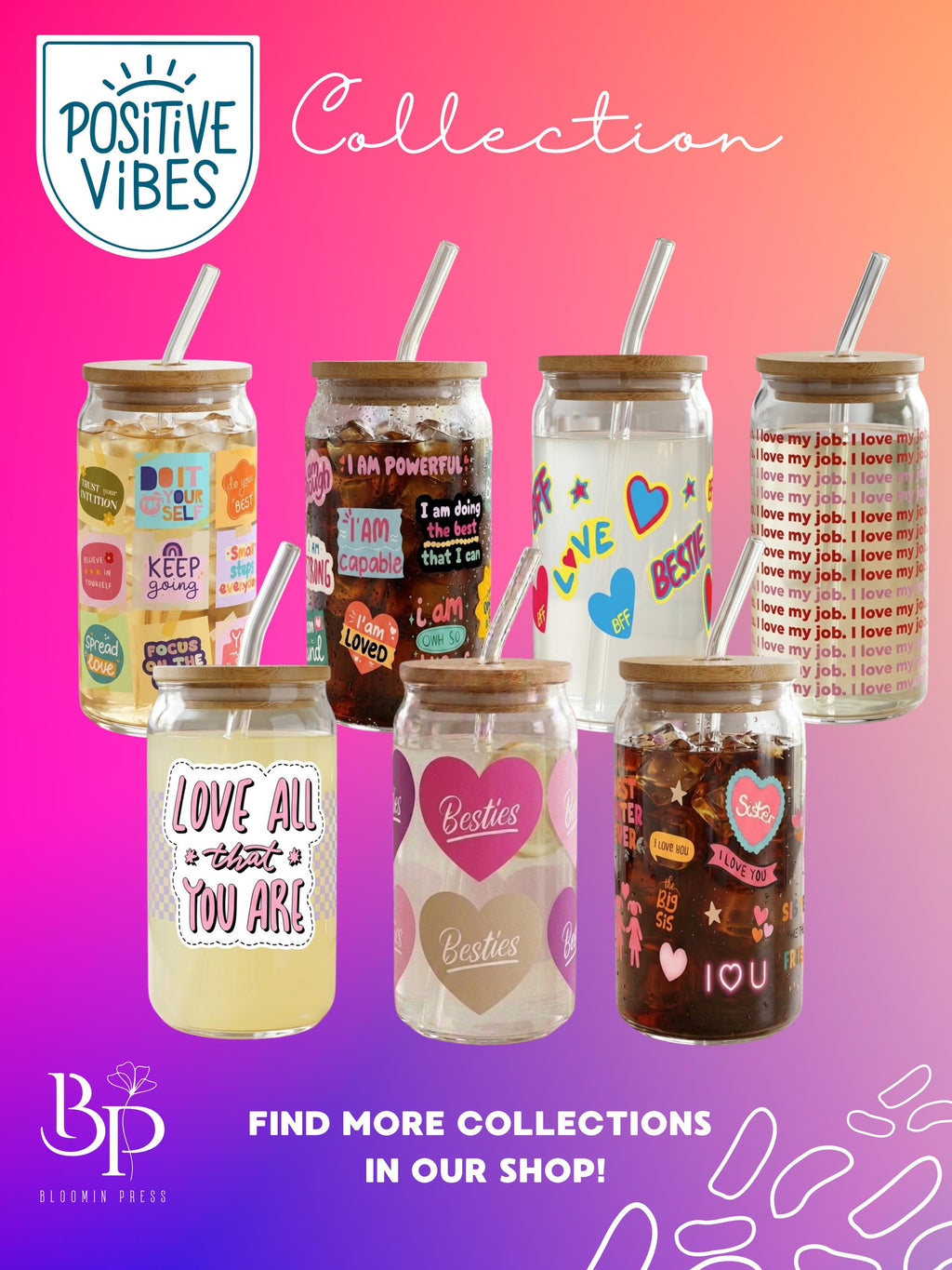 16 oz Glass Tumbler with Bamboo Lid and Straw - Gift for friend - Besties