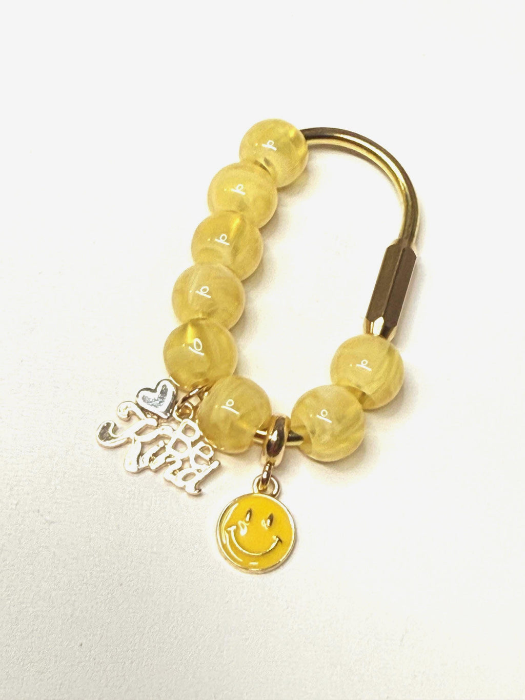 Golden Carabiner Bag Charm – Yellow Beaded, Smiley Face, "Be Kind" Message