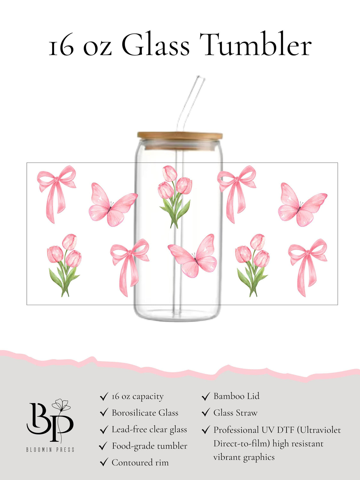 16 oz Glass Tumbler with Bamboo Lid – Pink Tulips, Butterflies, Ribbons (Cottagecore)