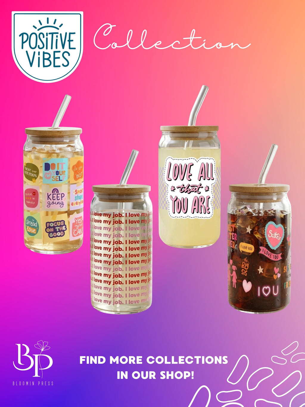 16 oz Glass Tumbler with Bamboo Lid and Straw - Self Care Gift - Empowerment