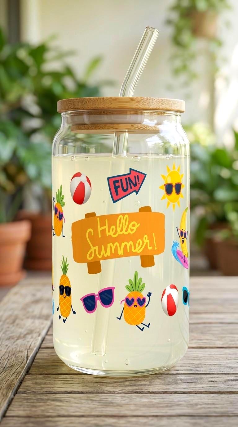 16 oz Glass Tumbler with Bamboo Lid – Summer Vacation Drinkware