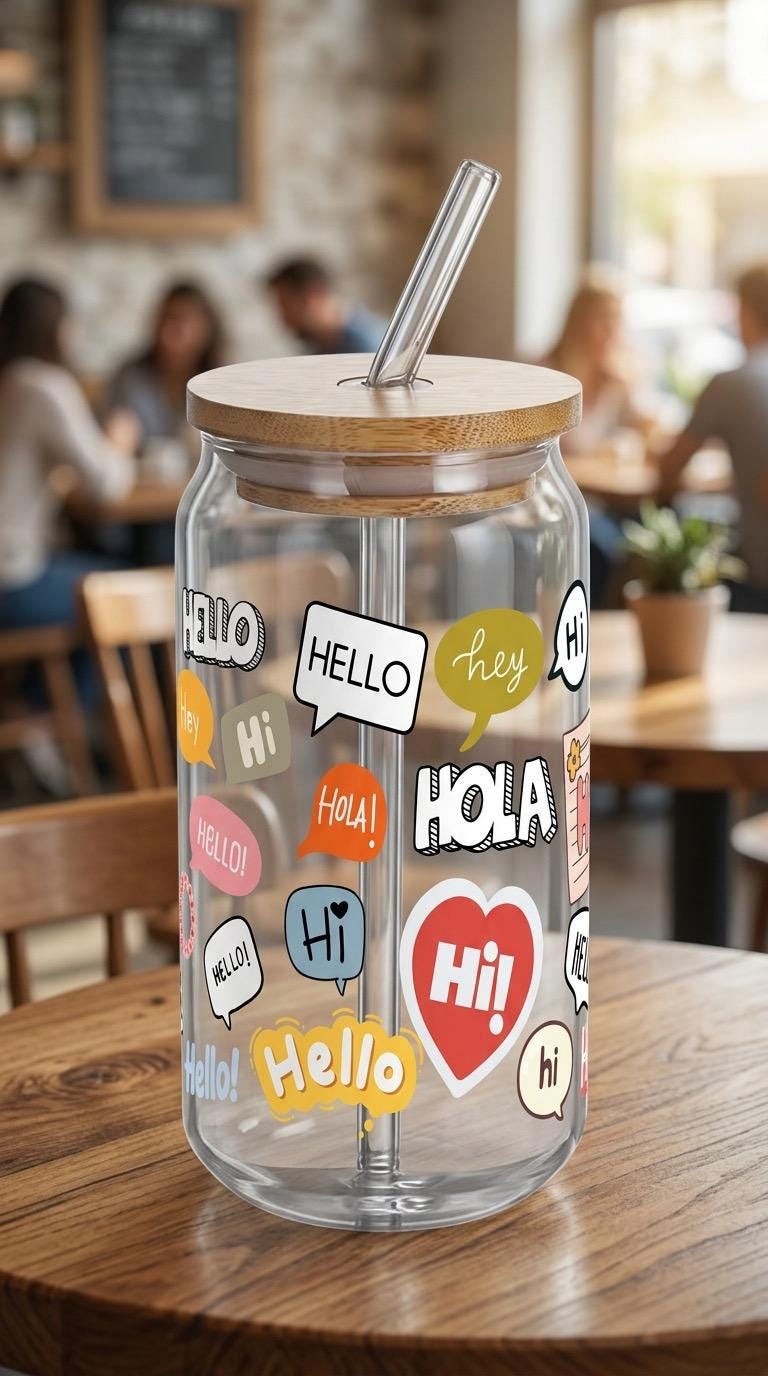 16 oz Glass Tumbler with Bamboo Lid and Straw - Trendy Cup - DTF wrap - Hello