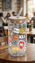 16 oz Glass Tumbler with Bamboo Lid and Straw - Trendy Cup - DTF wrap - Hello