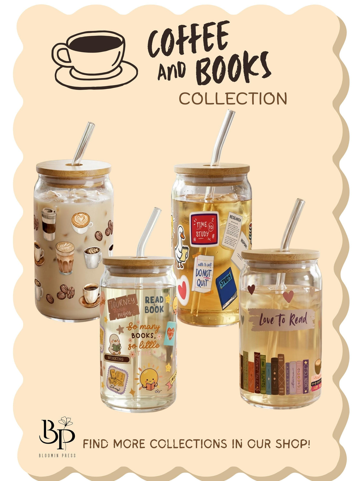 16 oz Glass Tumbler with Bamboo Lid and Straw - Book Lovers - Gift for Friend