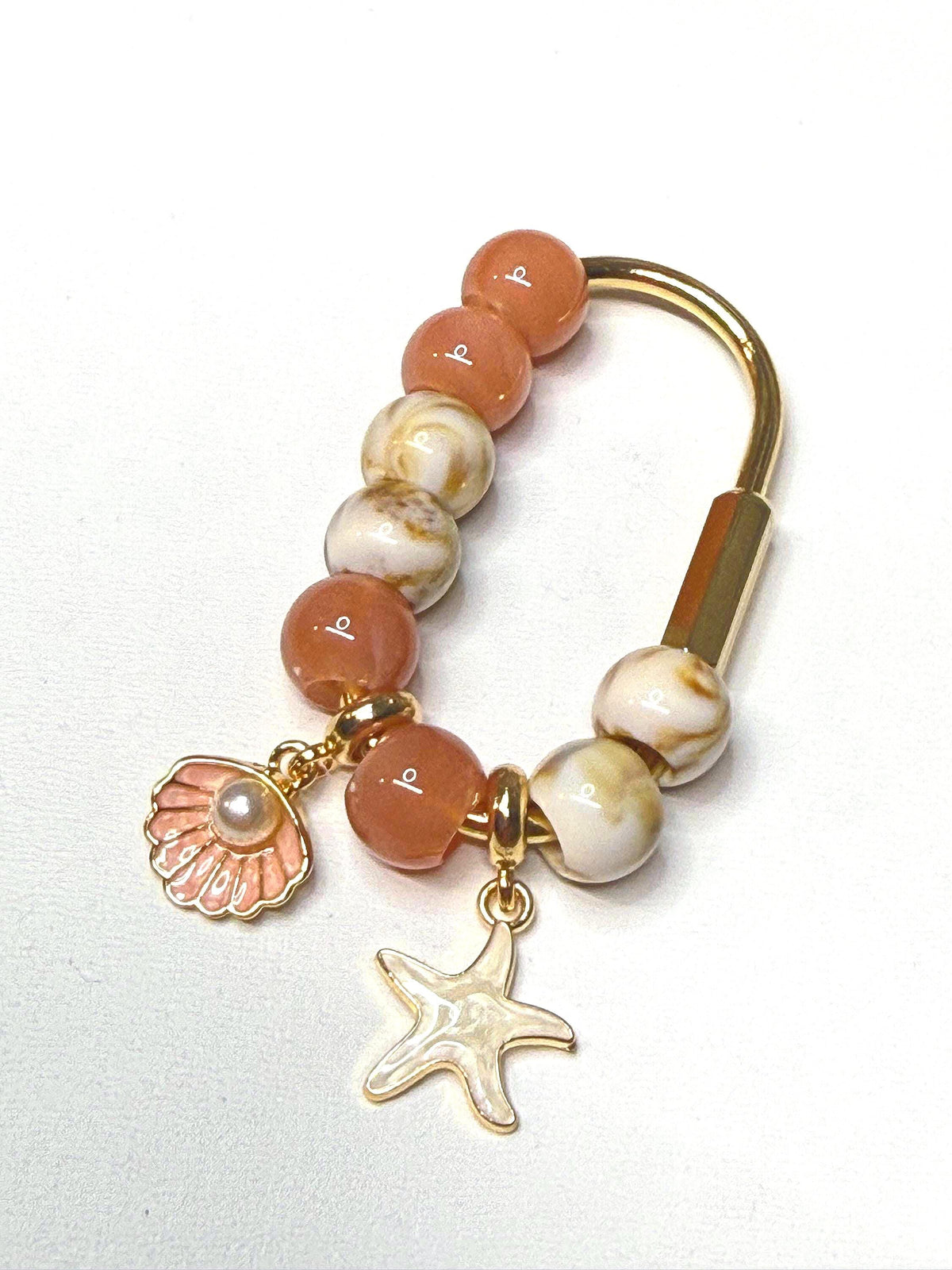 Golden Carabiner Bag Charm with Sea Star and Shell – Neutral Beaded Purse Accessory
