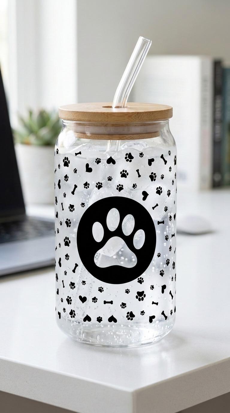 Animal Lover 16 oz Glass Tumbler – Paw Print Tumbler