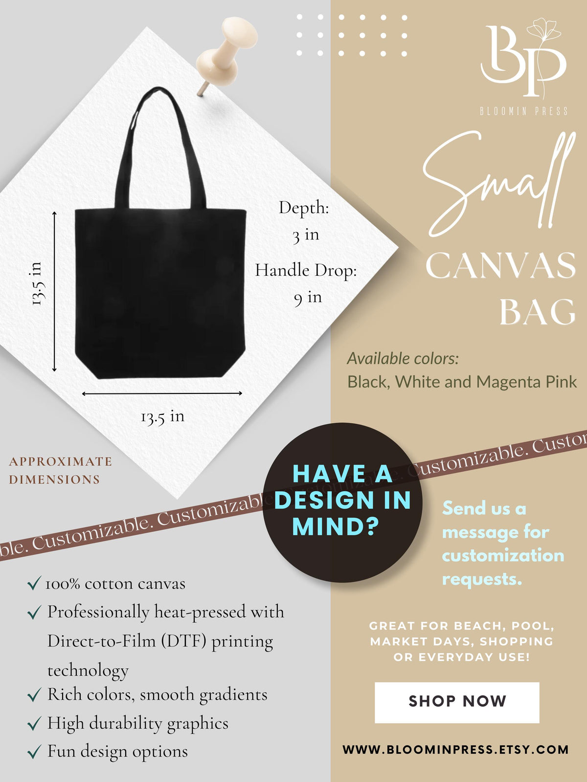 Black Canvas Bag - Summer Tote - Flower art print - Gifts for her