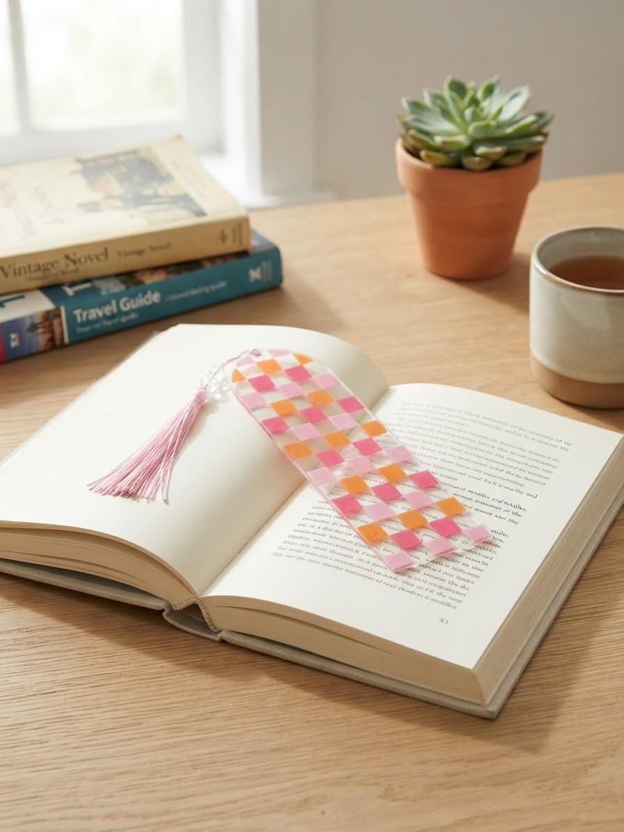 Acrylic Bookmark with UV DTF Design, Tassel & Beads - Pink and Orange Checkered Design