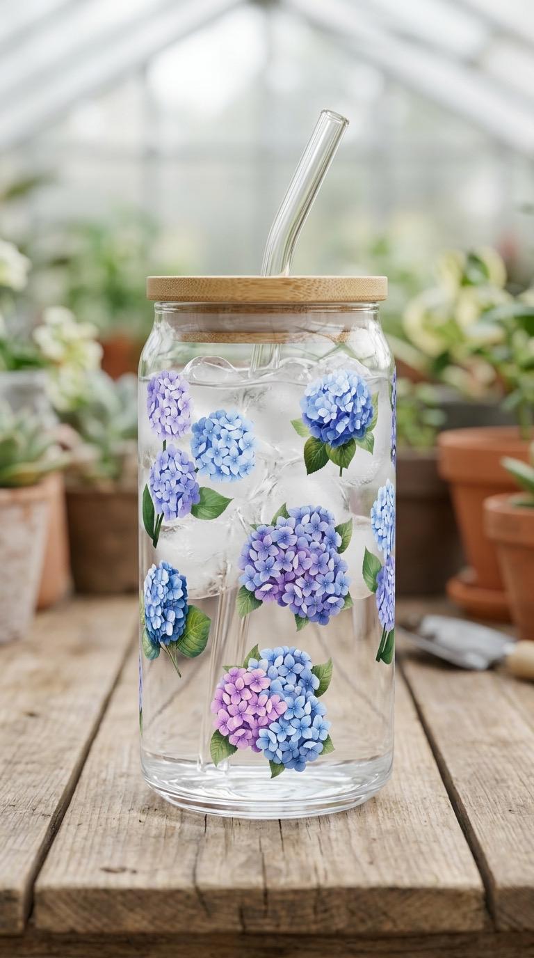 16 oz Glass Tumbler with Bamboo Lid – Blue Hydrangea Botanical Drinkware