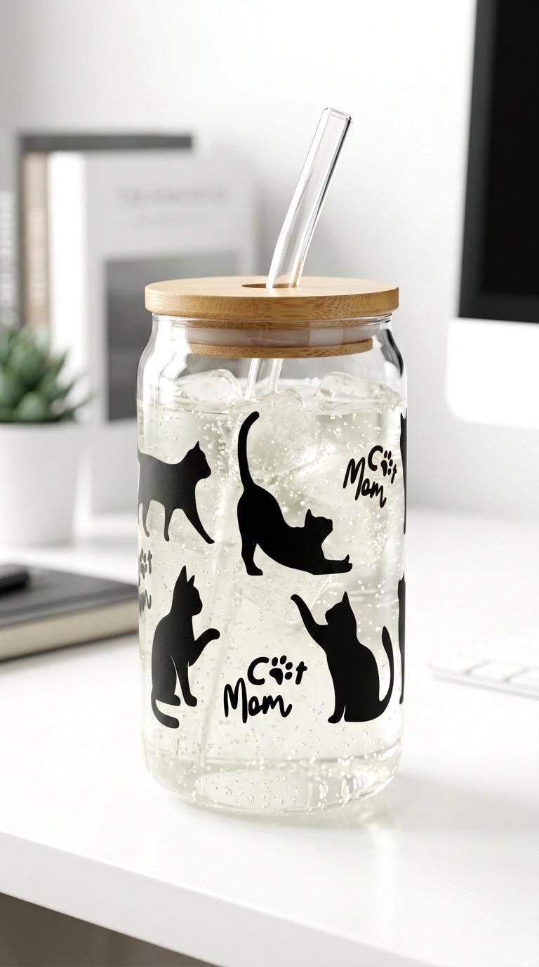 Cat Mom 16 oz Glass Tumbler – Minimalist Cat Silhouette Iced Coffee Cup