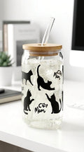 Cat Mom 16 oz Glass Tumbler – Minimalist Cat Silhouette Iced Coffee Cup