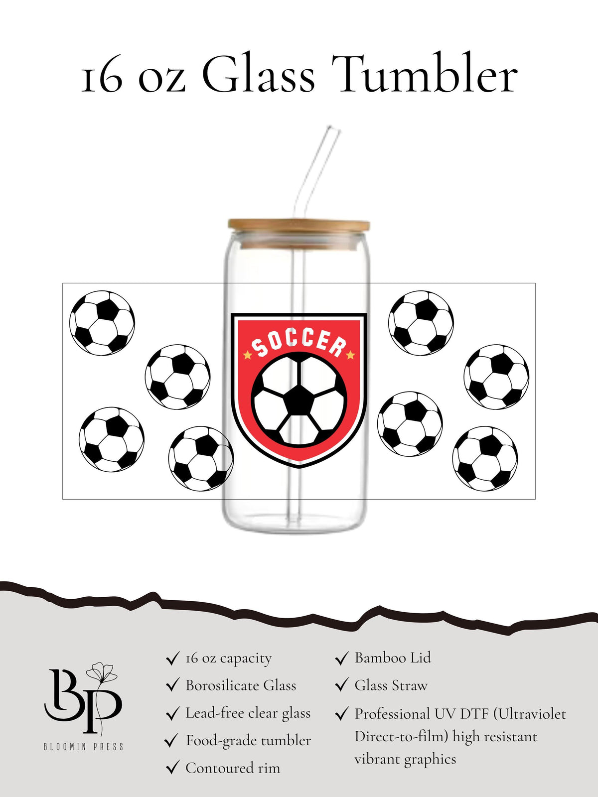 Soccer 16 oz Glass Tumbler with Bamboo Lid and Straw - Sports