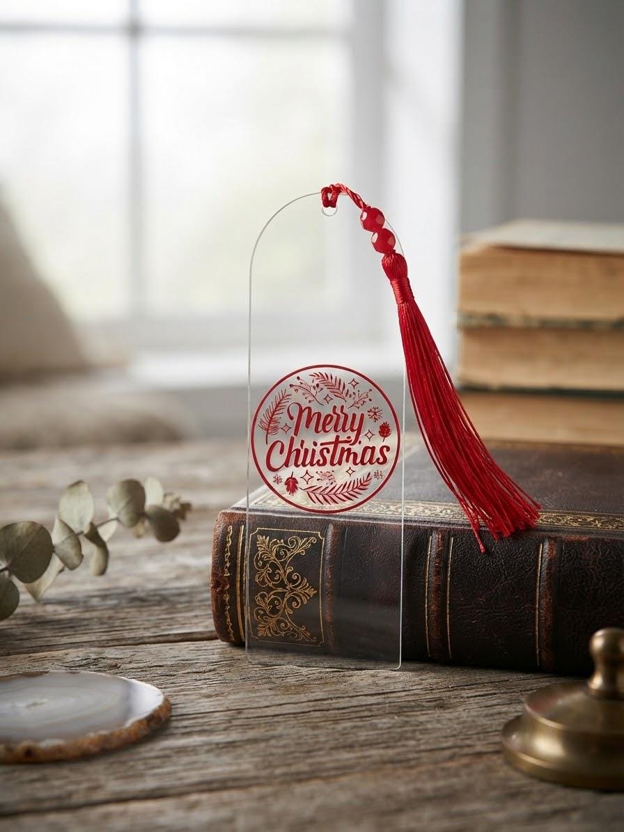 Merry Christmas Acrylic Bookmark with UV DTF Design, Tassel & Beads