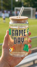 16 oz Glass Soccer Tumbler with Bamboo Lid and Straw – Game Day Sports Cup
