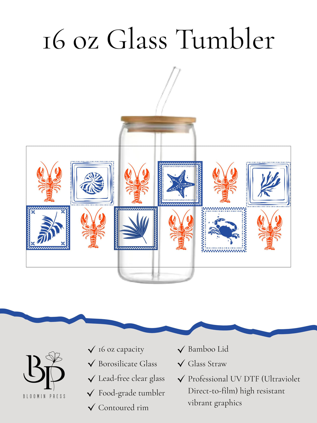 Coastal 16 oz Glass Tumbler with Bamboo Lid with Straw - Beach Vibes - Lobster Drinkware