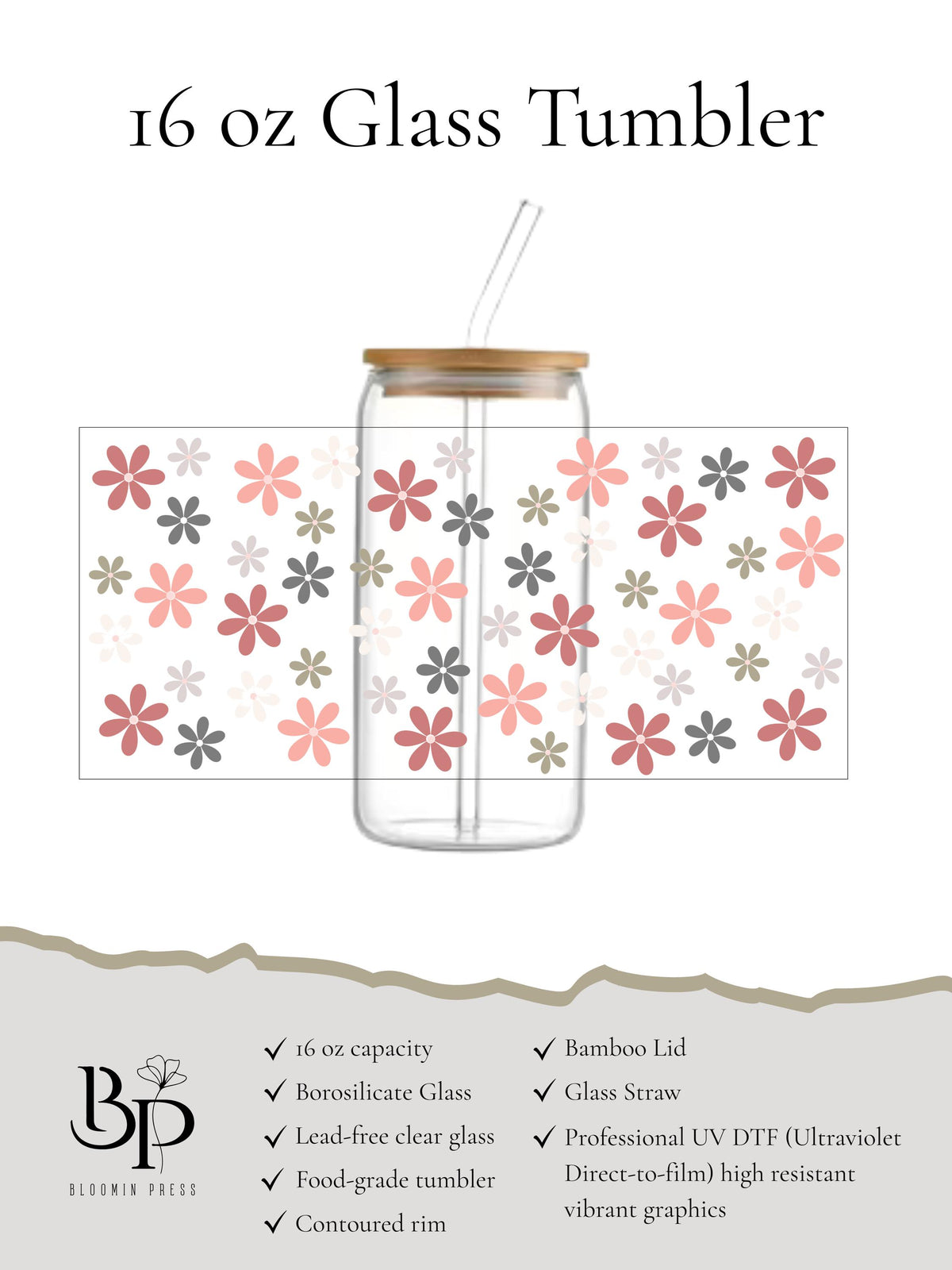 16 oz Floral Glass Tumbler with Bamboo Lid – Boho Nature Drinkware
